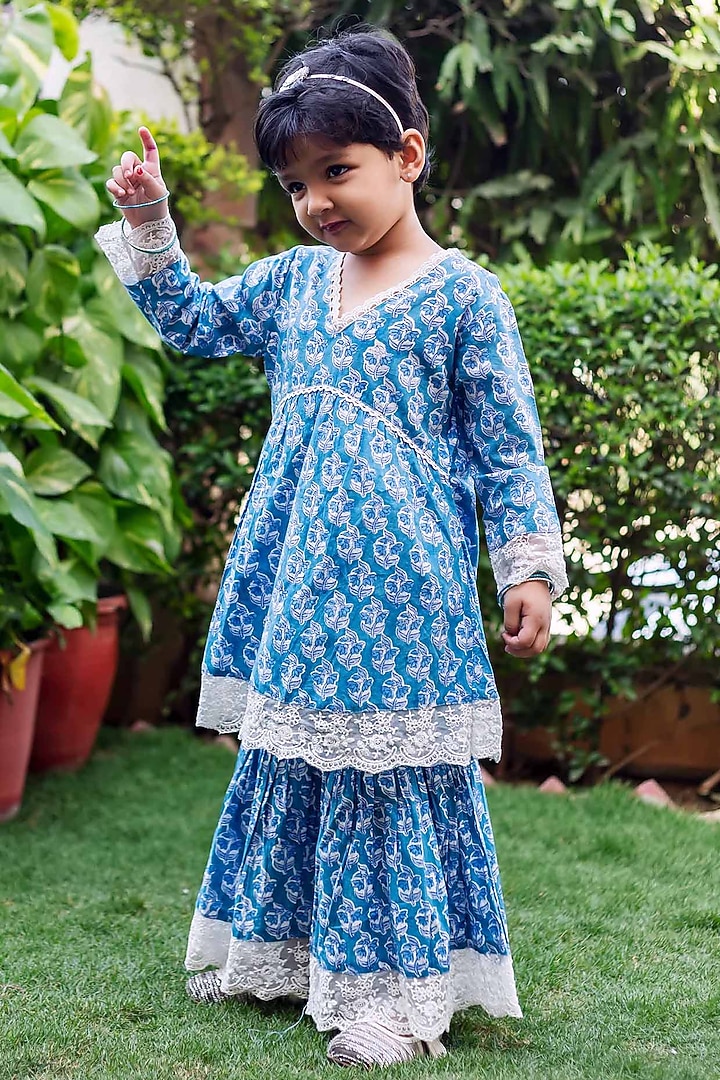 Blue Cotton Hand-Blocked Printed Sharara Set by MISSPRINT at Pernia's Pop Up Shop