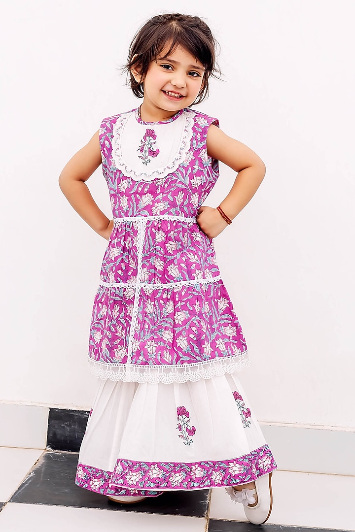 Purple & White Cotton Hand-Blocked Printed Sharara Set by MISSPRINT at Pernia's Pop Up Shop
