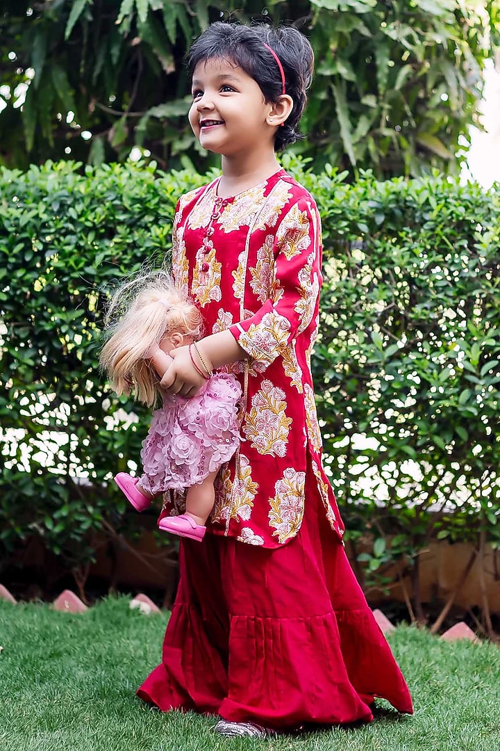 Maroon Modal Satin Gota Work Sharara Set For Girls by MISSPRINT at Pernia's Pop Up Shop