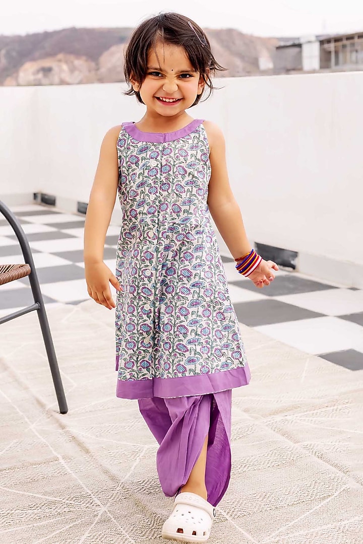 Purple Lurex Cotton Hand Blocked Printed Kurta Set For Girls by MISSPRINT at Pernia's Pop Up Shop
