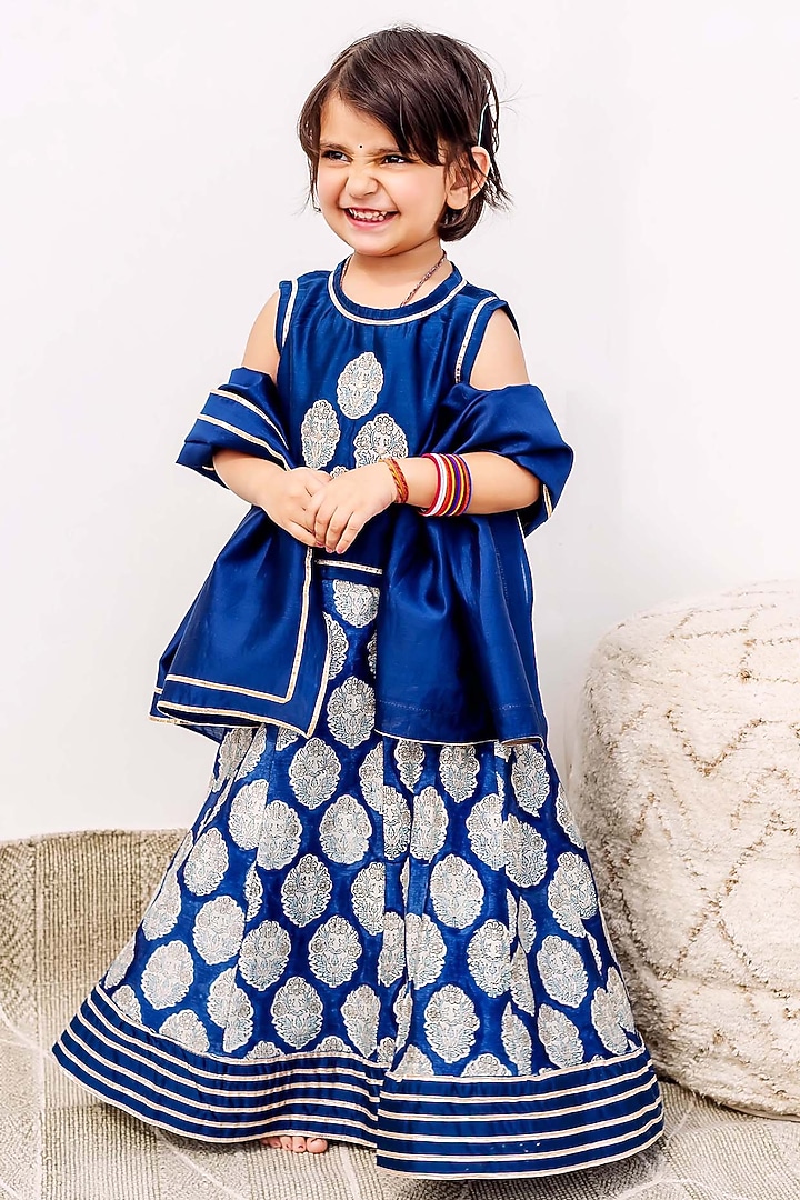 Blue Chanderi Silk Patchwork & Hand Blocked Printed Lehenga Set For Girls by MISSPRINT at Pernia's Pop Up Shop