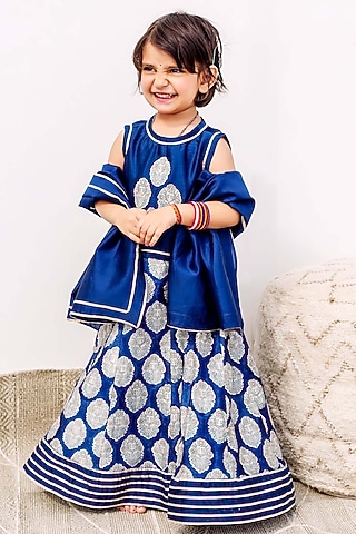 Blue Chanderi Silk Patchwork & Hand Blocked Printed Lehenga Set For Girls by MISSPRINT