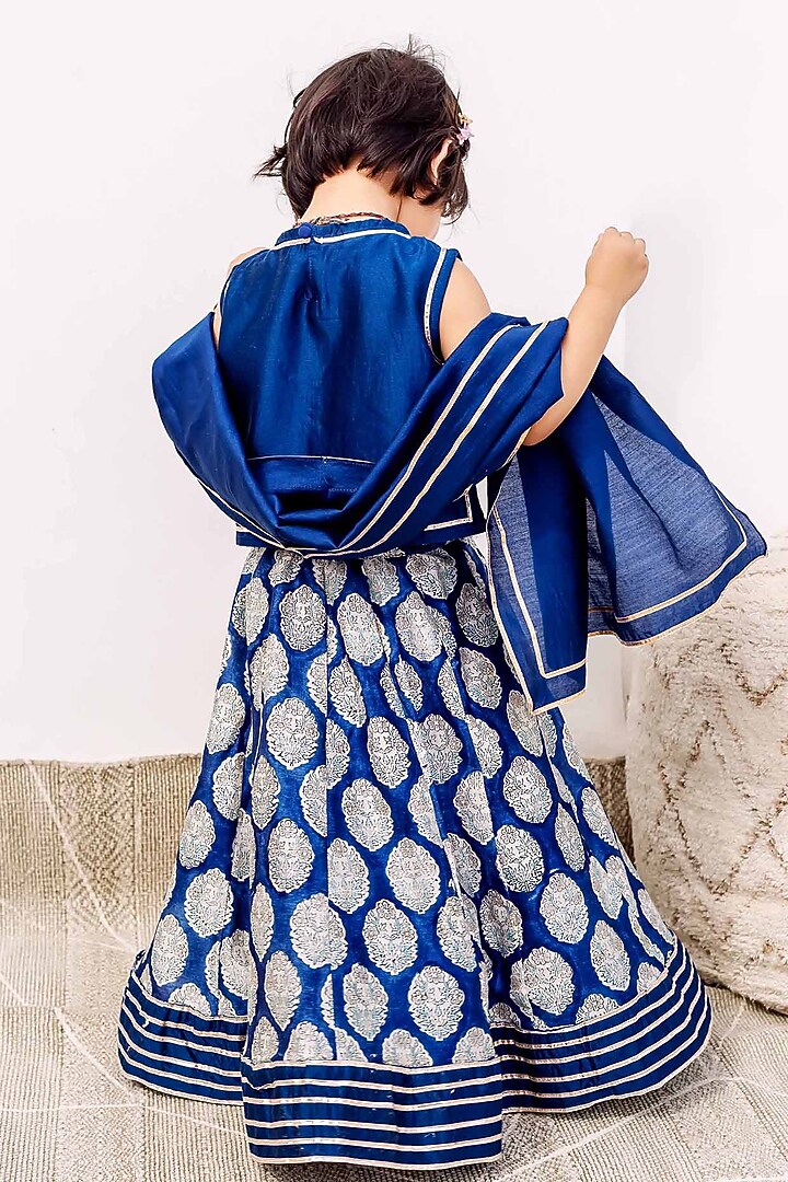Blue Chanderi Silk Patchwork & Hand Blocked Printed Lehenga Set For Girls by MISSPRINT at Pernia's Pop Up Shop