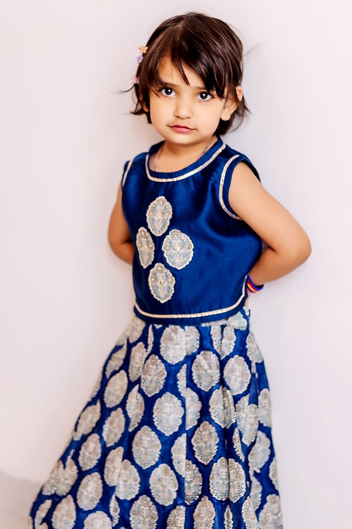 Blue Chanderi Silk Patchwork & Hand Blocked Printed Lehenga Set For Girls by MISSPRINT at Pernia's Pop Up Shop