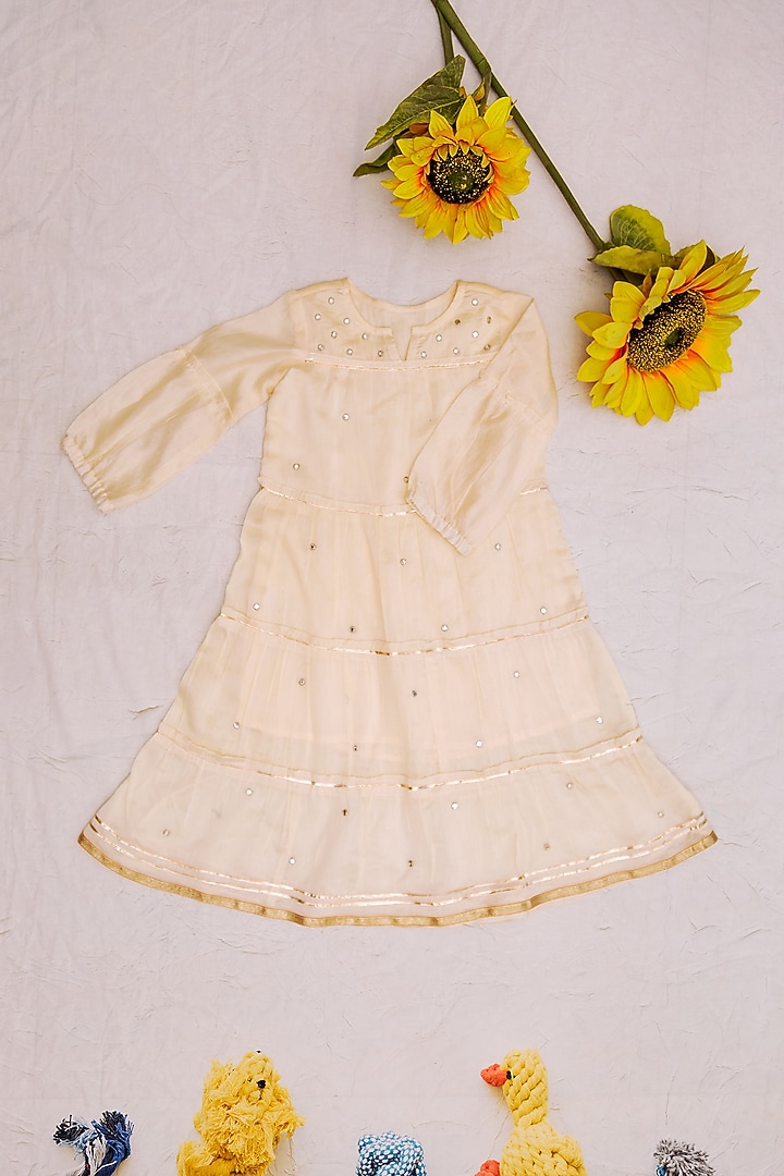 Off-White Chanderi Mirror Embroidered Tiered Dress For Girls by MISSPRINT at Pernia's Pop Up Shop