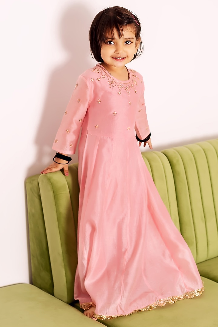 Baby Pink Chanderi Zari Embroidered Dress For Girls by MISSPRINT at Pernia's Pop Up Shop