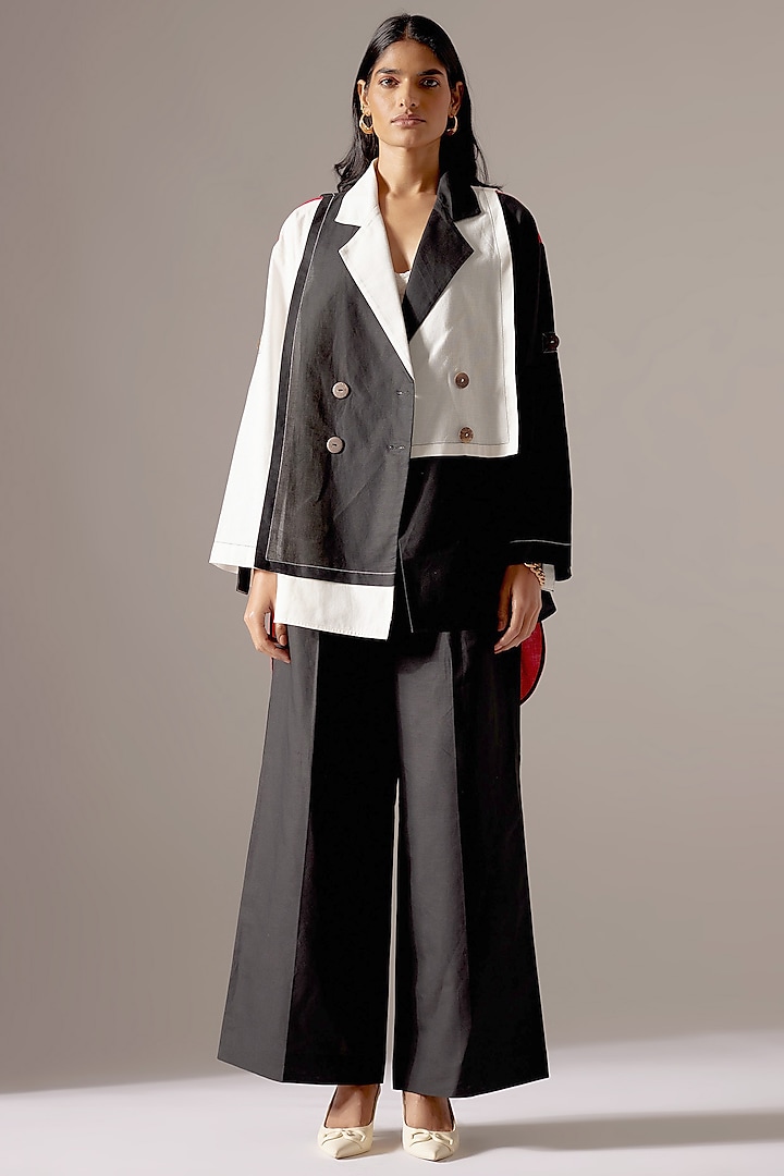 Black & White Linen Oversized Jacket Set by Mini Sondhi