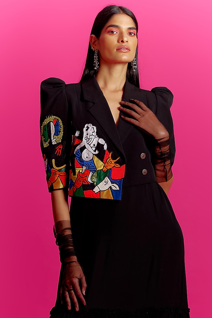 Black Crepe Embroidered Jacket Cocktail Dress by Mini Sondhi at Pernia's Pop Up Shop