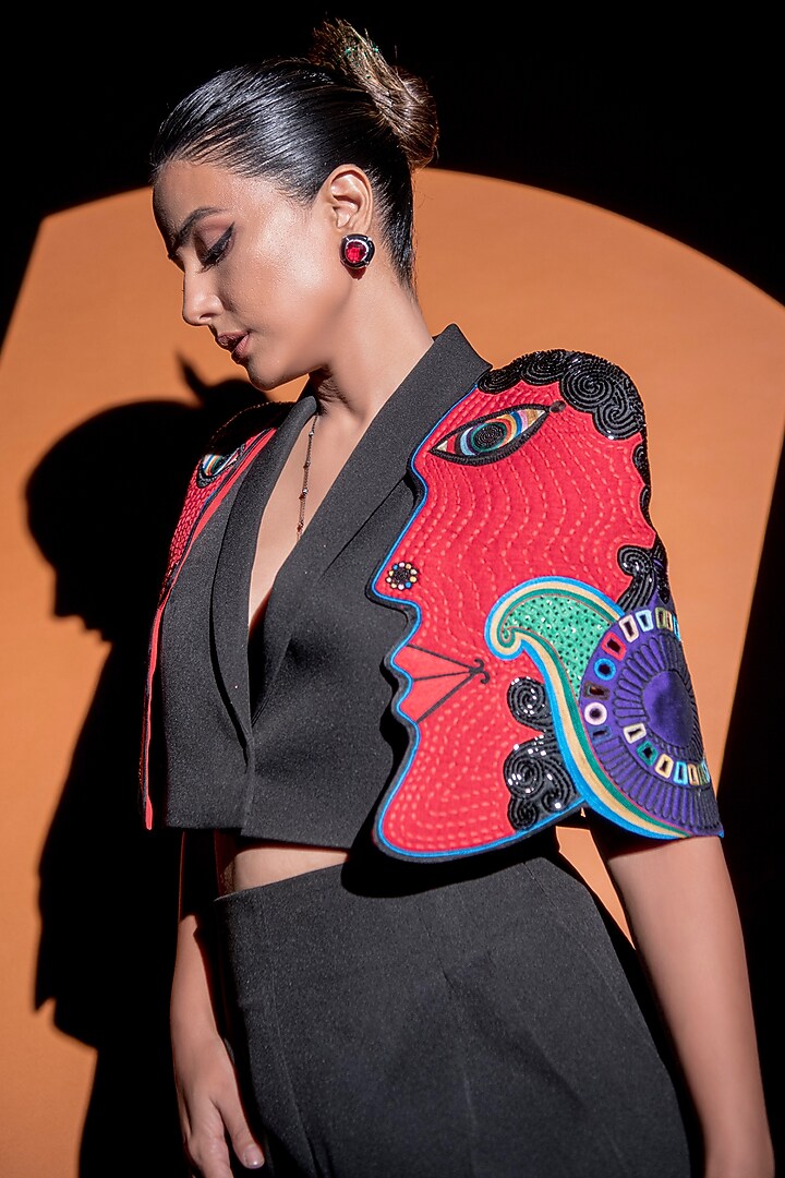 Black Crepe Embroidered Jacket Set by Mini Sondhi at Pernia's Pop Up Shop
