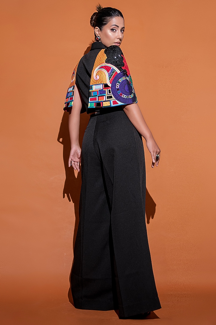 Black Crepe Embroidered Jacket Set by Mini Sondhi at Pernia's Pop Up Shop