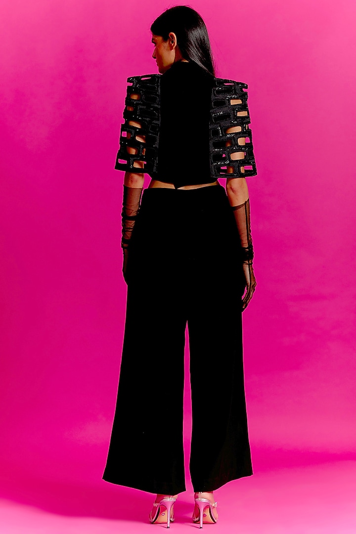 Black Crepe Embroidered Jacket Set by Mini Sondhi at Pernia's Pop Up Shop