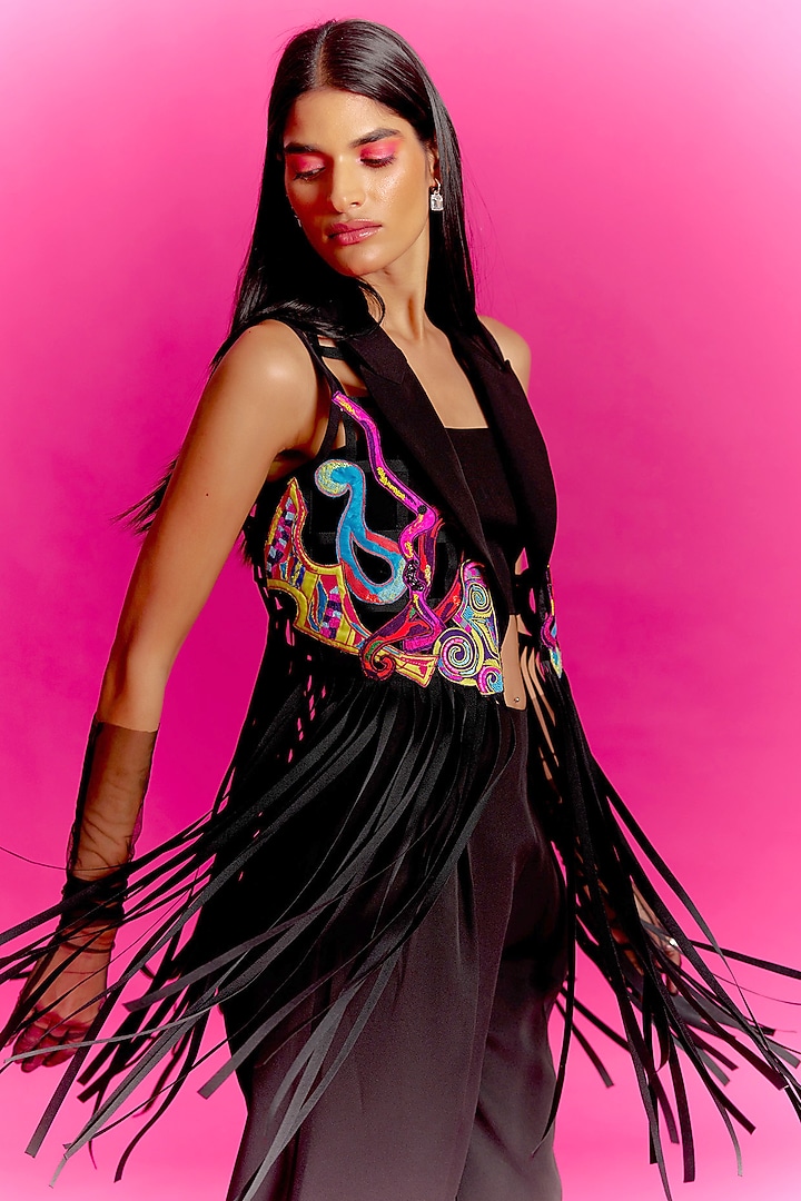 Black Crepe Embroidered Jacket Set by Mini Sondhi at Pernia's Pop Up Shop