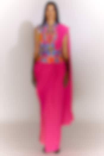 Pink Crepe & Crinkle Georgette Jacket Saree Set by Mini Sondhi