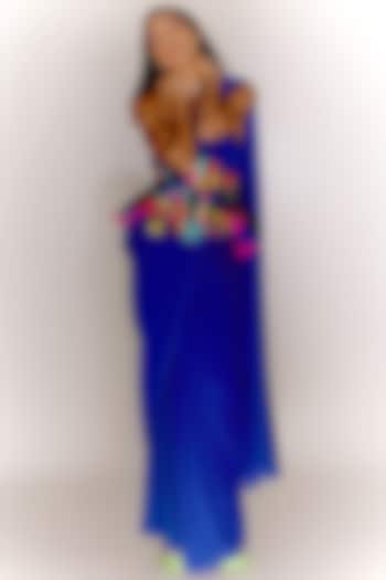 Blue Rabbit Crepe & Silk Draped Pant Saree Set by Mini Sondhi
