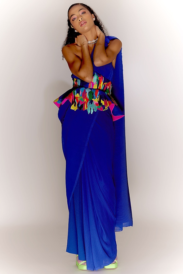 Blue Rabbit Crepe & Silk Draped Pant Saree Set by Mini Sondhi