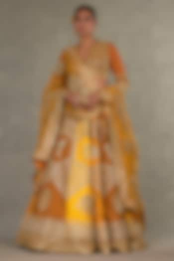 Yellow Shaded Raw Silk Motif & Sitara Embroidered Lehenga Set by Masaba