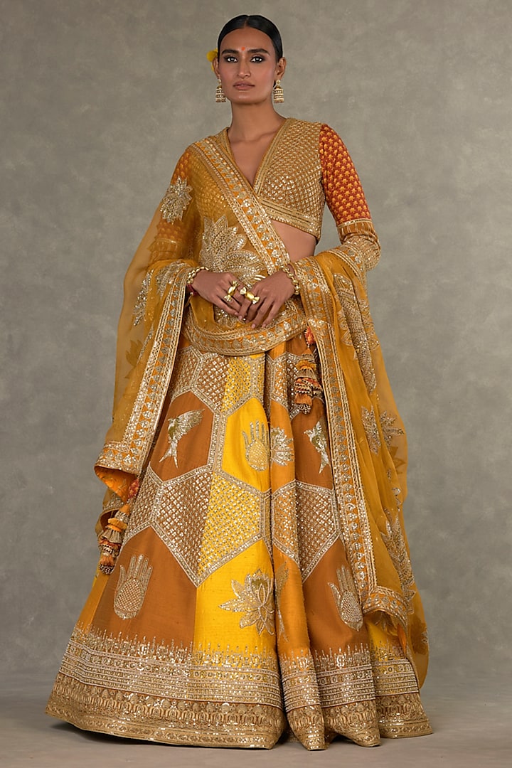 Yellow Shaded Raw Silk Motif & Sitara Embroidered Lehenga Set by Masaba