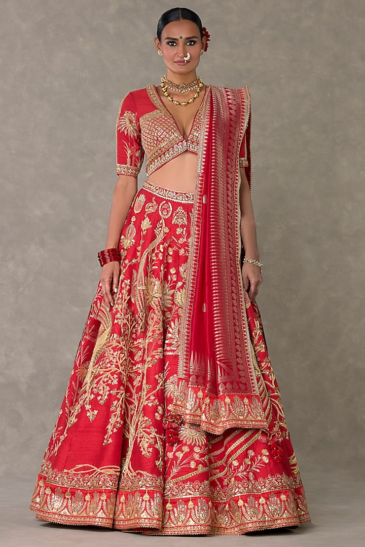 Red Raw Silk Thread & Sitara Embellished Lehenga Set by Masaba