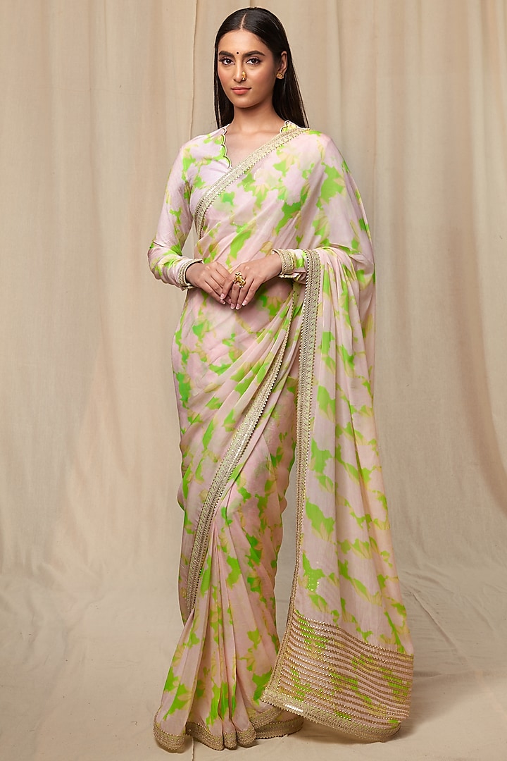 Mint Viscose Organza Printed & Embroidered Wedding Saree Set by Masaba at Pernia's Pop Up Shop