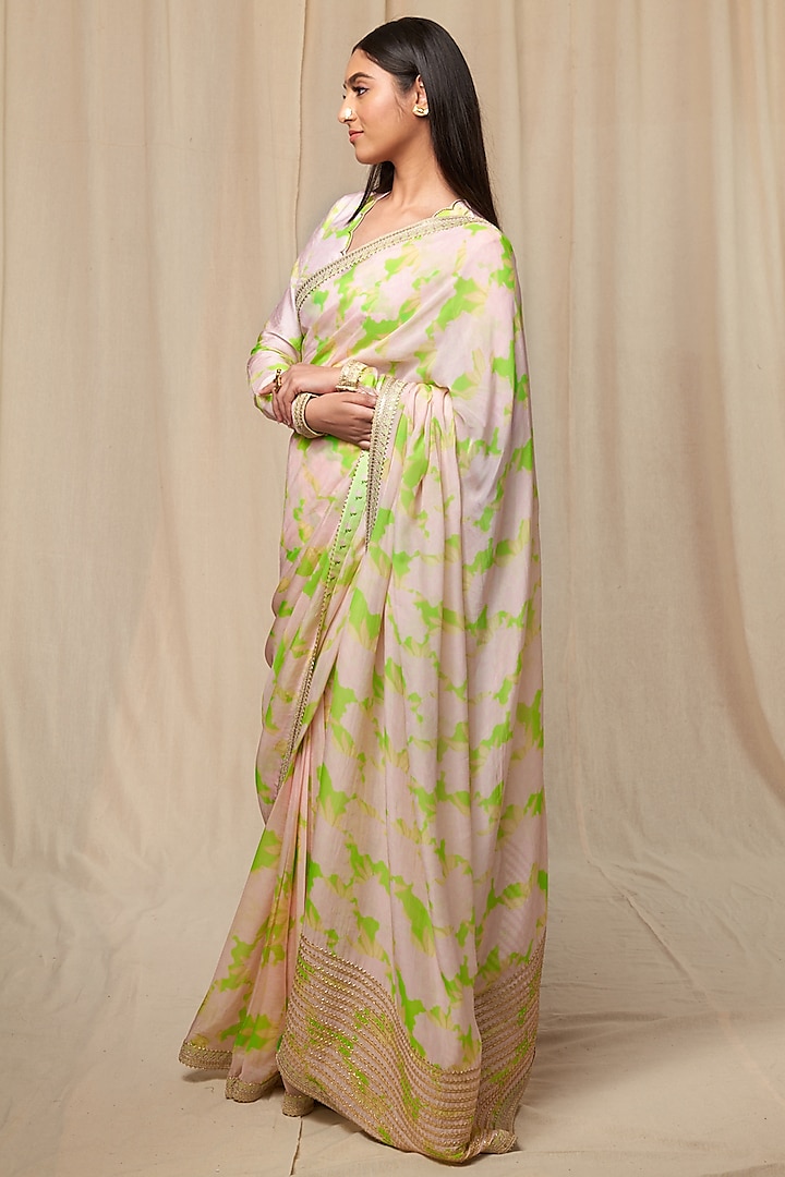 Mint Viscose Organza Printed & Embroidered Wedding Saree Set by Masaba at Pernia's Pop Up Shop