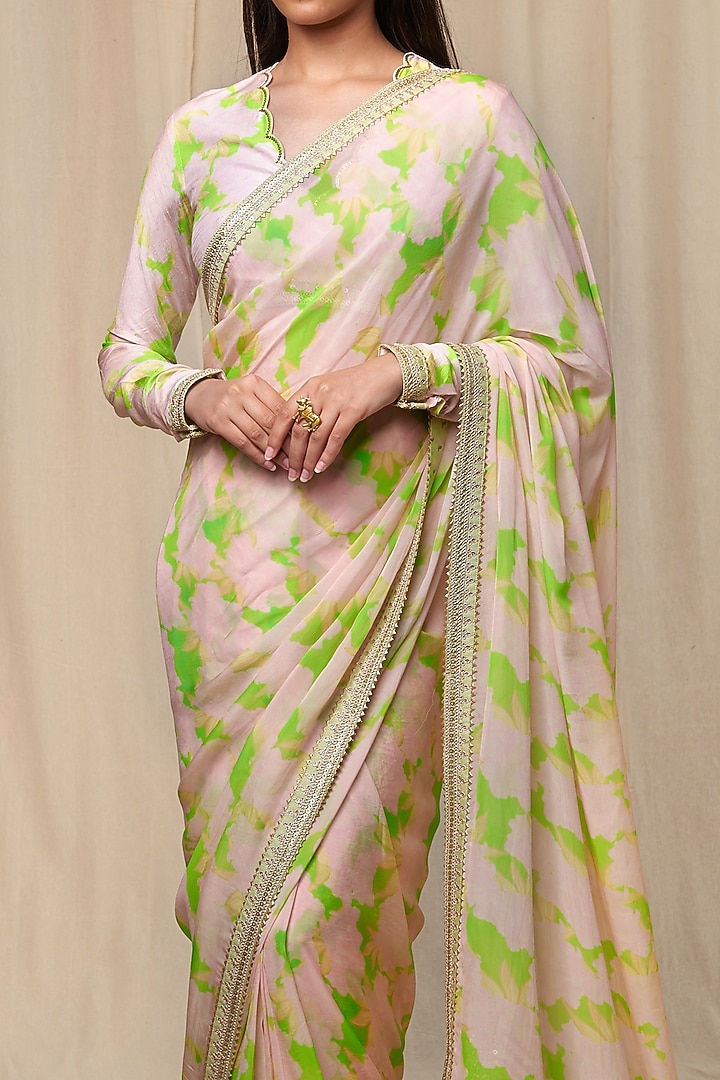 Mint Viscose Organza Printed & Embroidered Wedding Saree Set by Masaba at Pernia's Pop Up Shop