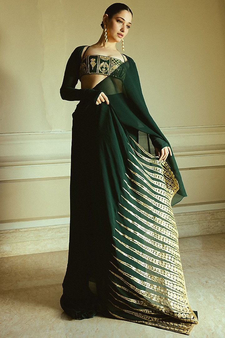 Dark Green Georgette Trikone Embroidered Draped Skirt Reception Saree Set by Masaba at Pernia's Pop Up Shop