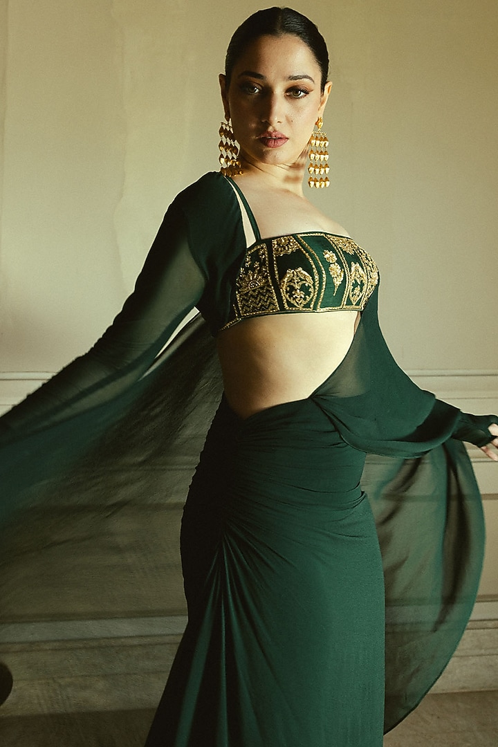 Dark Green Georgette Trikone Embroidered Draped Skirt Reception Saree Set by Masaba at Pernia's Pop Up Shop