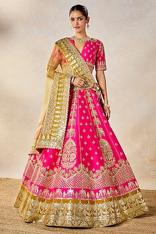 Rani Pink Raw Silk Cutdana Embroidered Lehenga Set by Masaba