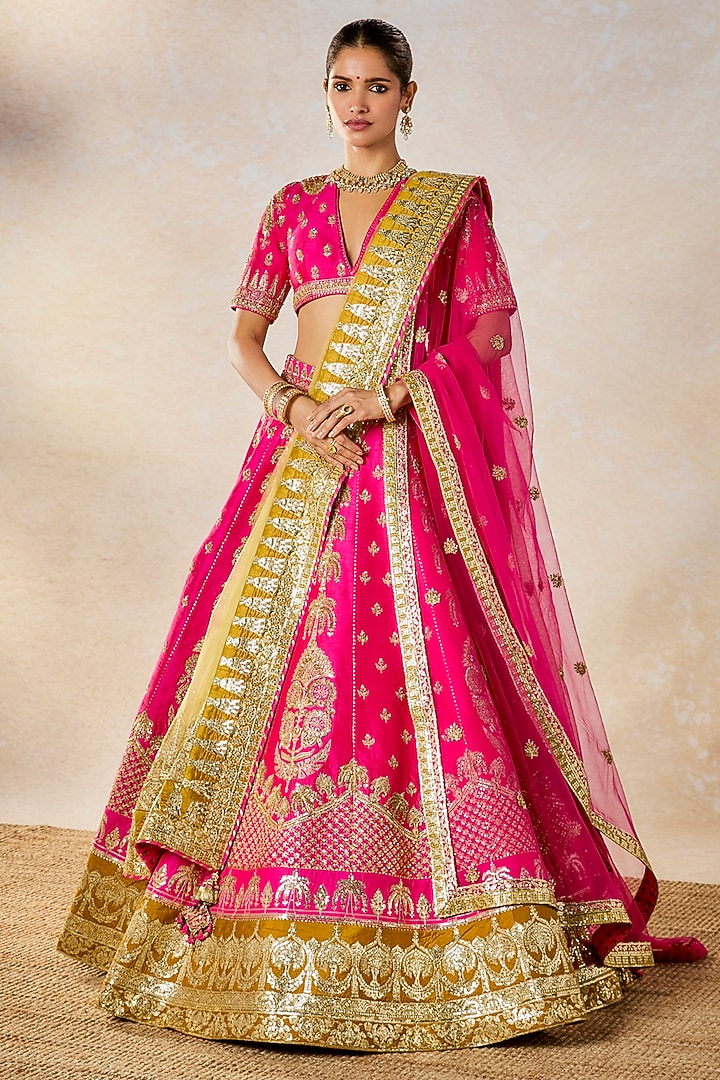 Rani Pink Raw Silk Cutdana Embroidered Bridal Lehenga Set by Masaba at Pernia's Pop Up Shop