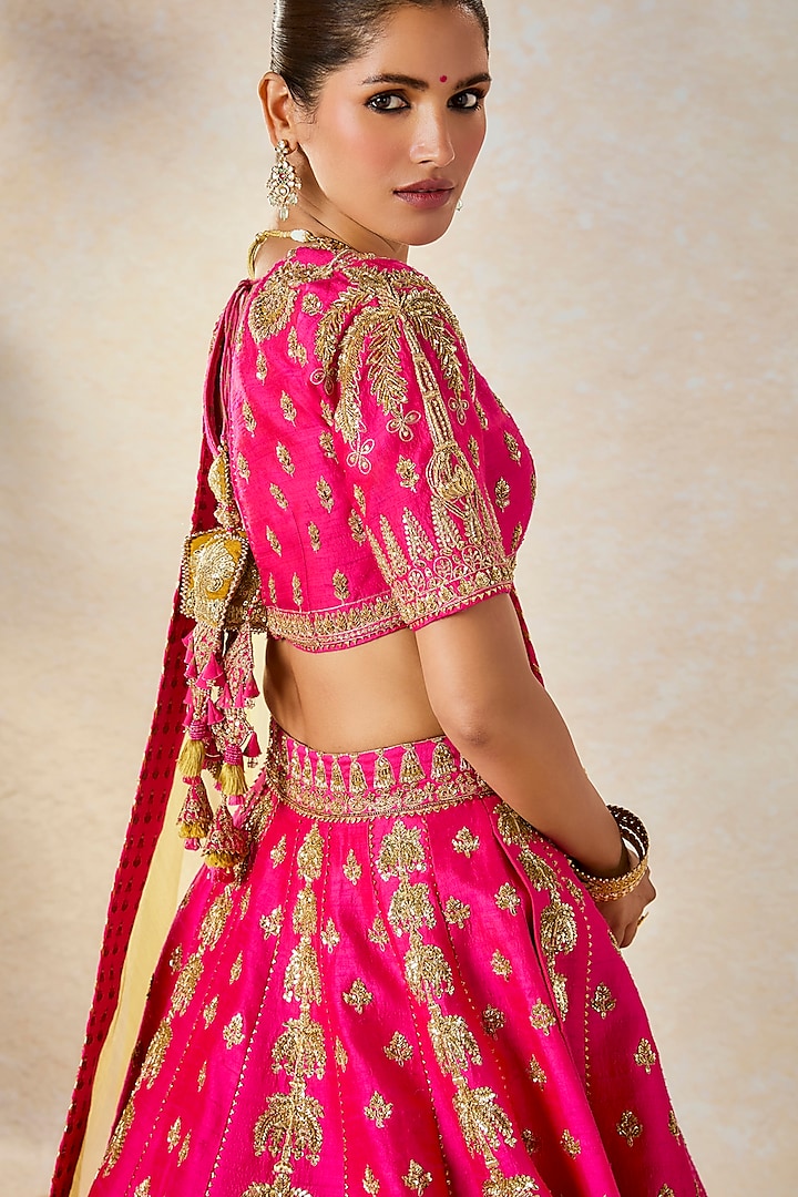 Rani Pink Raw Silk Cutdana Embroidered Bridal Lehenga Set by Masaba at Pernia's Pop Up Shop