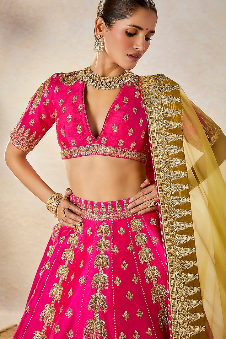 Rani Pink Raw Silk Cutdana Embroidered Bridal Lehenga Set by Masaba at Pernia's Pop Up Shop