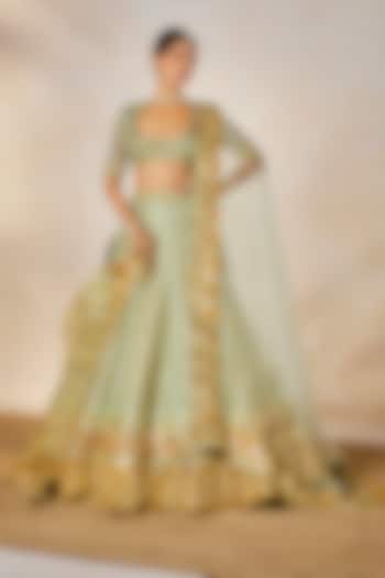 Sage Green Raw Silk Moti Embroidered Bridal Lehenga Set by Masaba at Pernia's Pop Up Shop