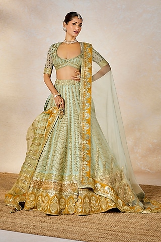 Sage Green Raw Silk Moti Embroidered Lehenga Set by Masaba