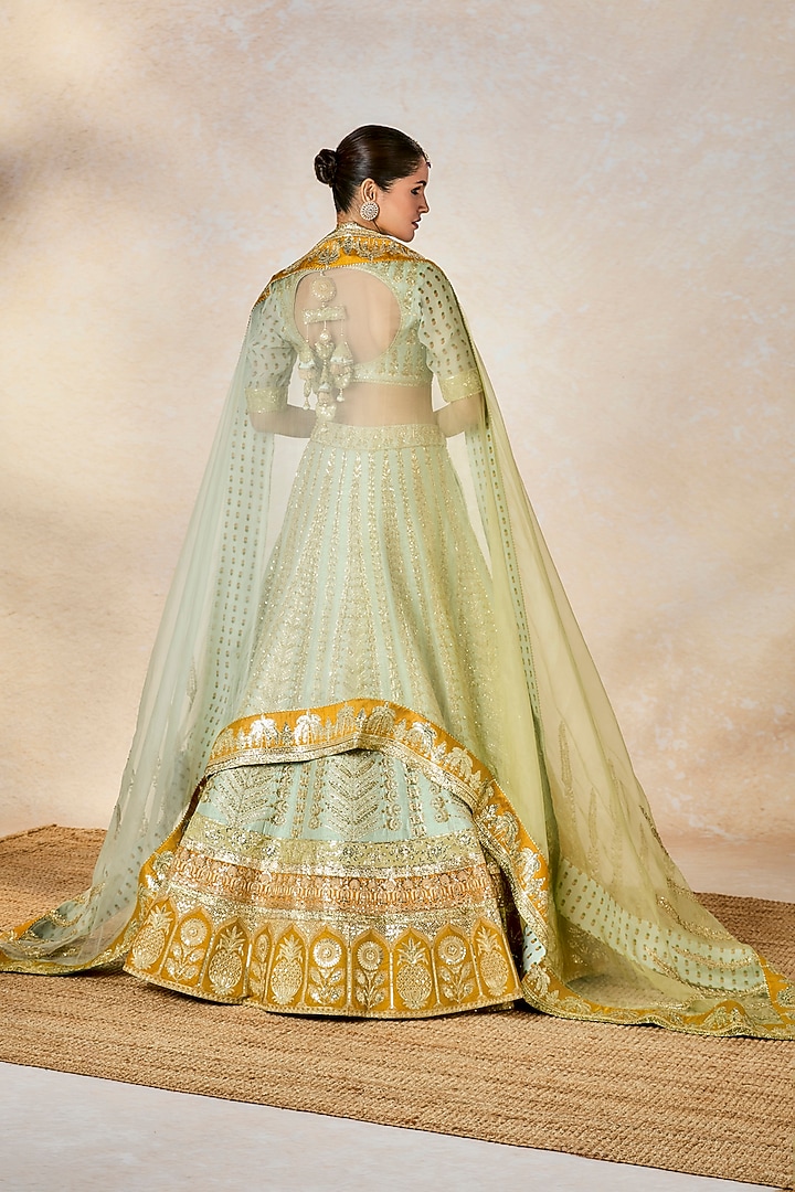 Sage Green Raw Silk Moti Embroidered Bridal Lehenga Set by Masaba at Pernia's Pop Up Shop