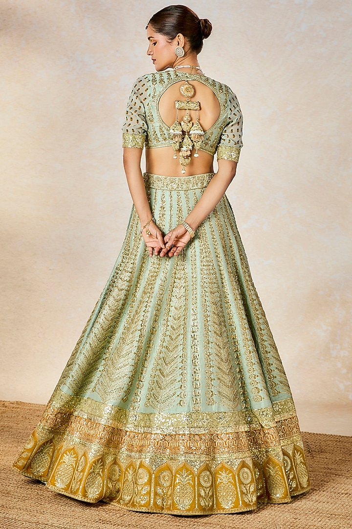 Sage Green Raw Silk Moti Embroidered Bridal Lehenga Set by Masaba at Pernia's Pop Up Shop