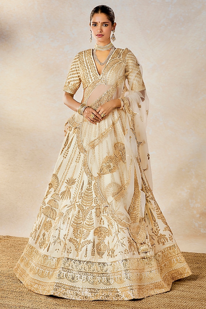 Ivory Raw Silk Zardosi & Moti Work Bridal Lehenga Set by Masaba at Pernia's Pop Up Shop
