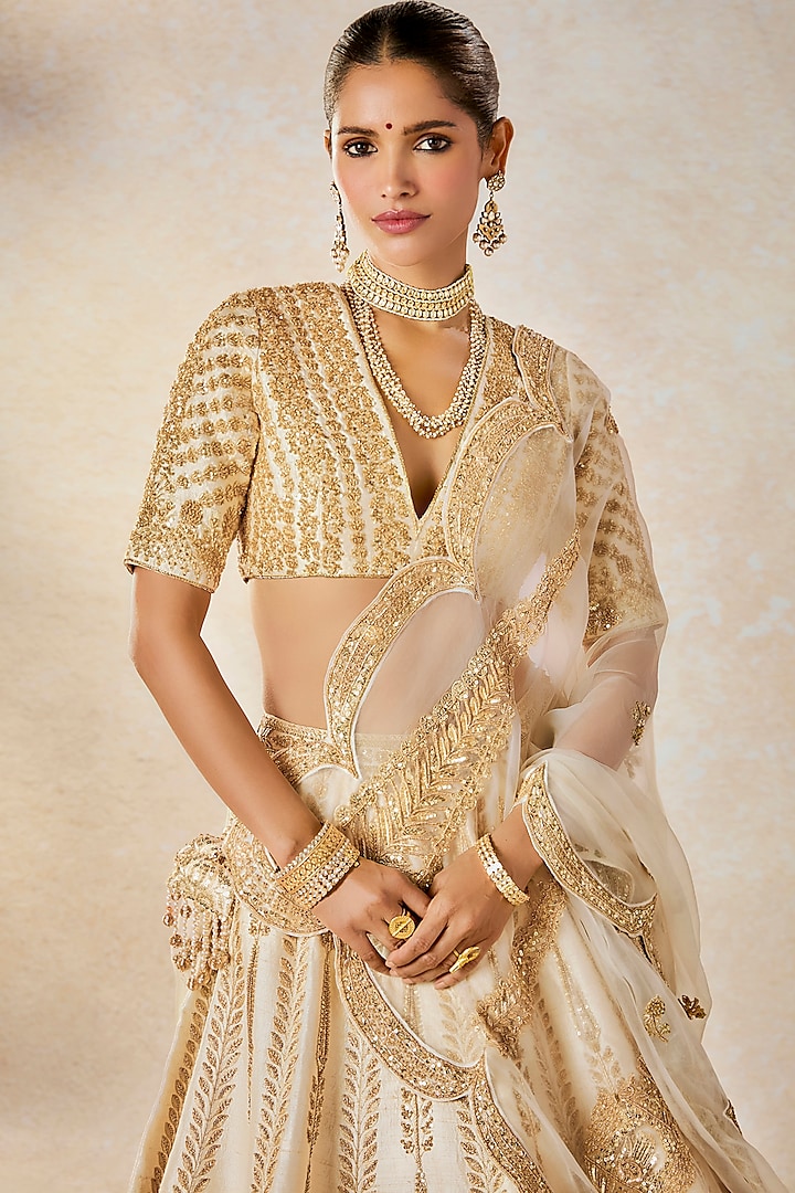 Ivory Raw Silk Zardosi & Moti Work Bridal Lehenga Set by Masaba at Pernia's Pop Up Shop