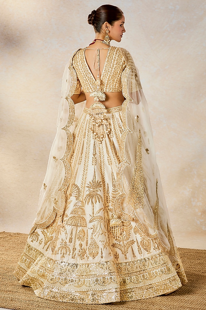 Ivory Raw Silk Zardosi & Moti Work Bridal Lehenga Set by Masaba at Pernia's Pop Up Shop