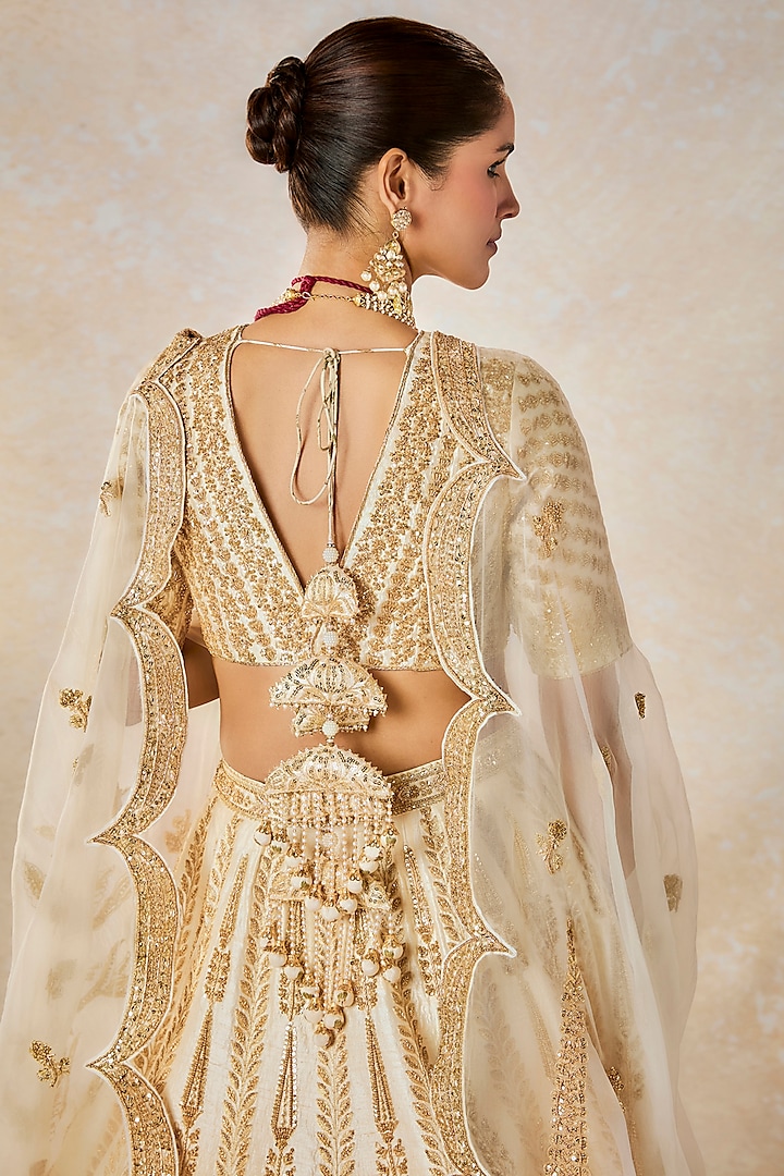 Ivory Raw Silk Zardosi & Moti Work Bridal Lehenga Set by Masaba at Pernia's Pop Up Shop