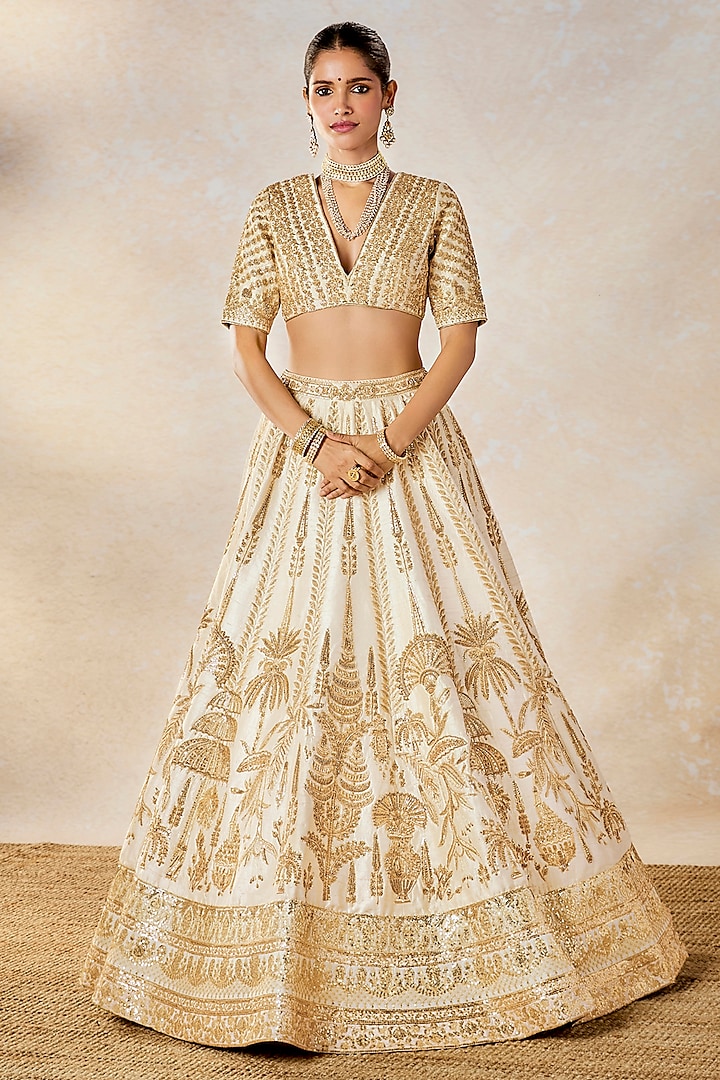 Ivory Raw Silk Zardosi & Moti Work Bridal Lehenga Set by Masaba at Pernia's Pop Up Shop