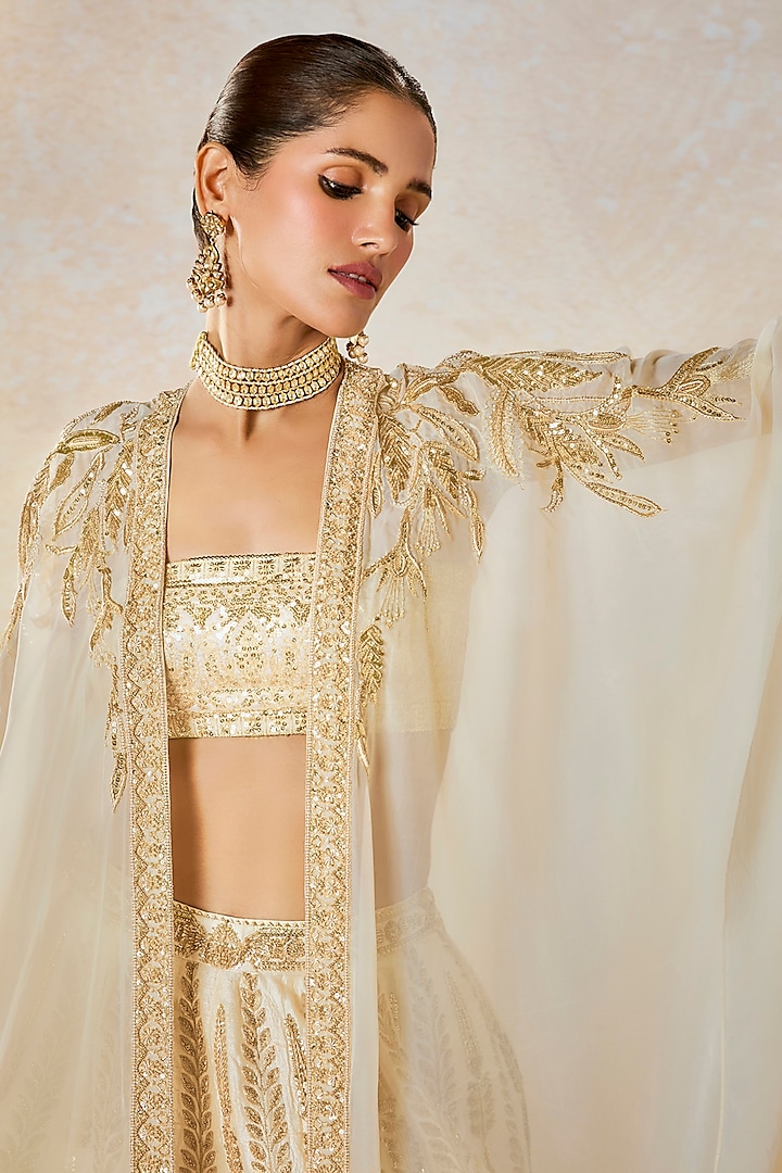 Ivory Raw Silk Zardosi & Moti Work Jacket Bridal Lehenga Set by Masaba at Pernia's Pop Up Shop