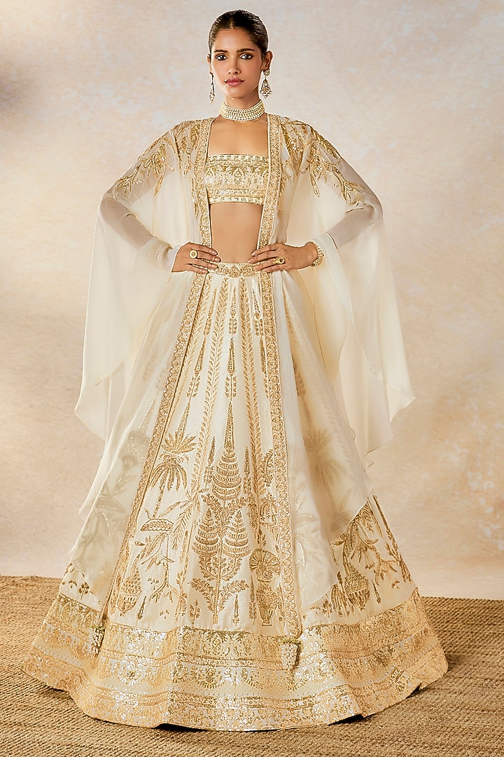 Ivory Raw Silk Zardosi & Moti Work Jacket Bridal Lehenga Set by Masaba at Pernia's Pop Up Shop