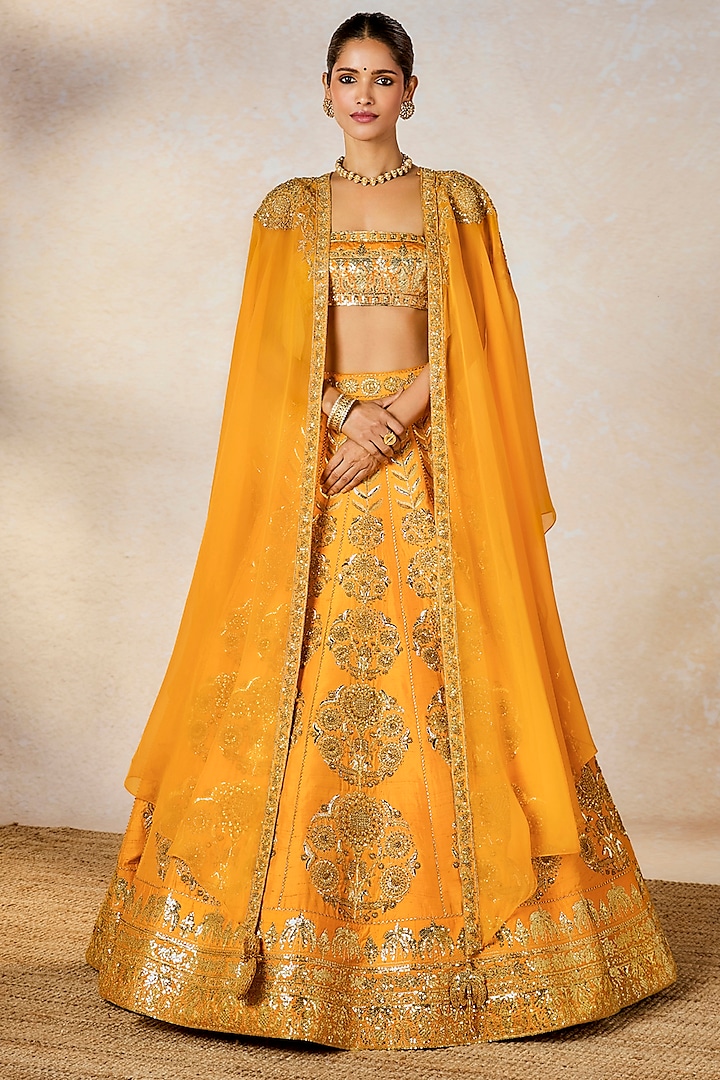 Mango Yellow Raw Silk Zardosi Embellished Jacket Bridal Lehenga Set by Masaba at Pernia's Pop Up Shop