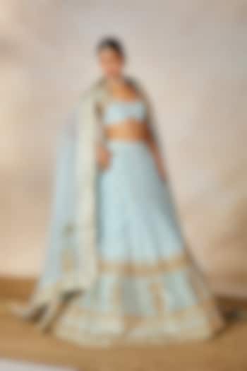 Powder Blue Raw Silk Motif Work & Printed Bridal Lehenga Set by Masaba at Pernia's Pop Up Shop