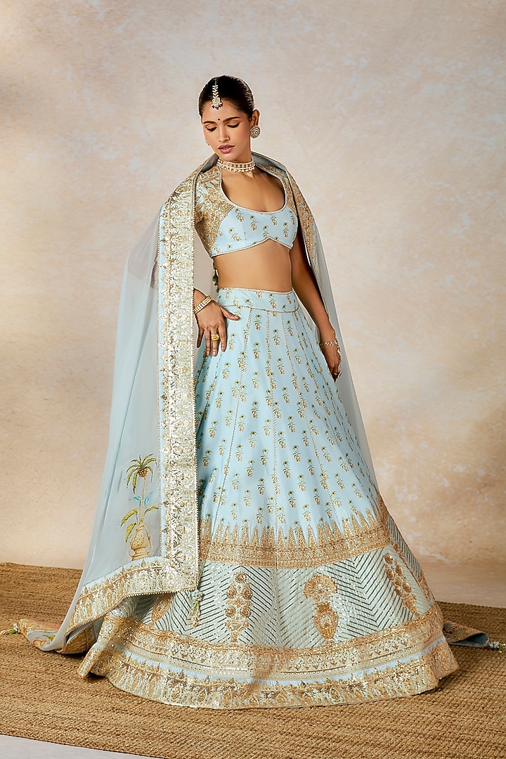 Powder Blue Raw Silk Motif Work & Printed Bridal Lehenga Set by Masaba at Pernia's Pop Up Shop