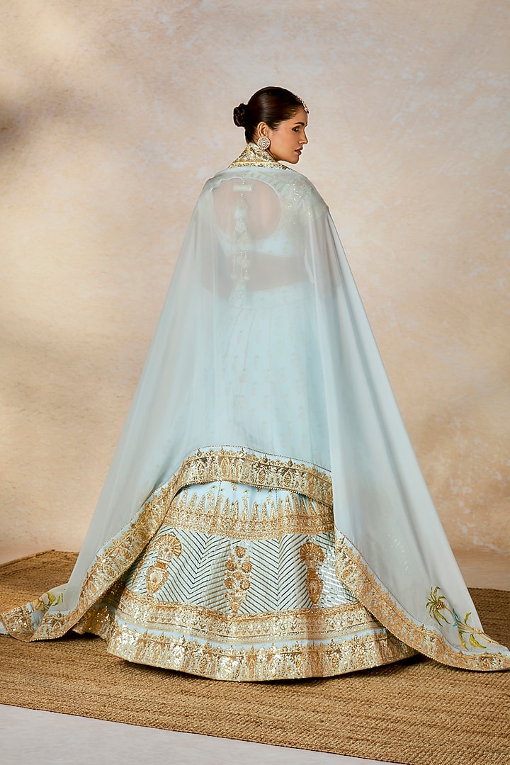 Powder Blue Raw Silk Motif Work & Printed Bridal Lehenga Set by Masaba at Pernia's Pop Up Shop