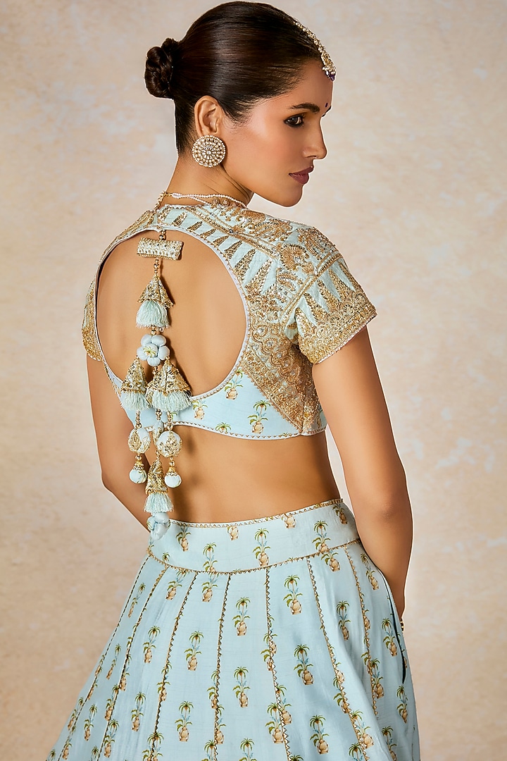 Powder Blue Raw Silk Motif Work & Printed Bridal Lehenga Set by Masaba at Pernia's Pop Up Shop