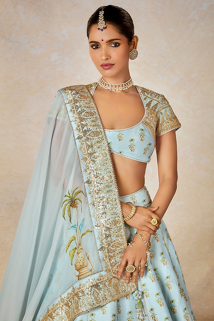Powder Blue Raw Silk Motif Work & Printed Bridal Lehenga Set by Masaba at Pernia's Pop Up Shop