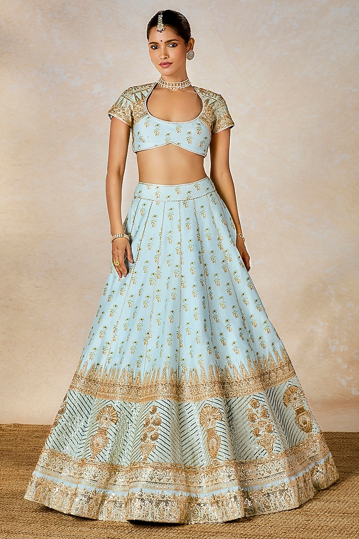 Powder Blue Raw Silk Motif Work & Printed Bridal Lehenga Set by Masaba at Pernia's Pop Up Shop