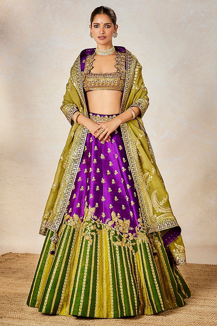 Purple & Lime Green Raw Silk Patchwork Bridal Lehenga Set by Masaba at Pernia's Pop Up Shop